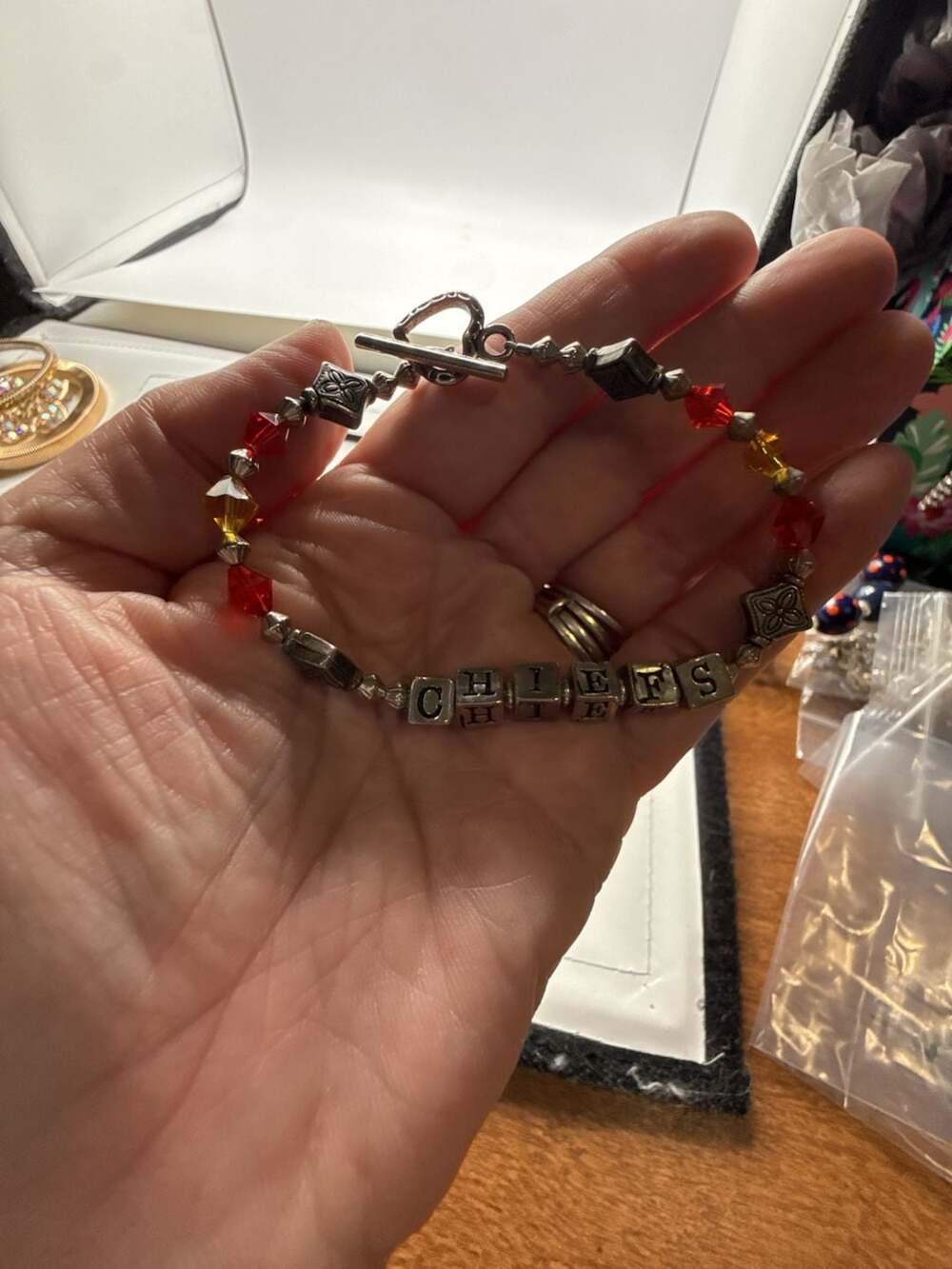 Kansas City Chiefs Beaded Crystal Toggle Bracelet Red Yellow Silver